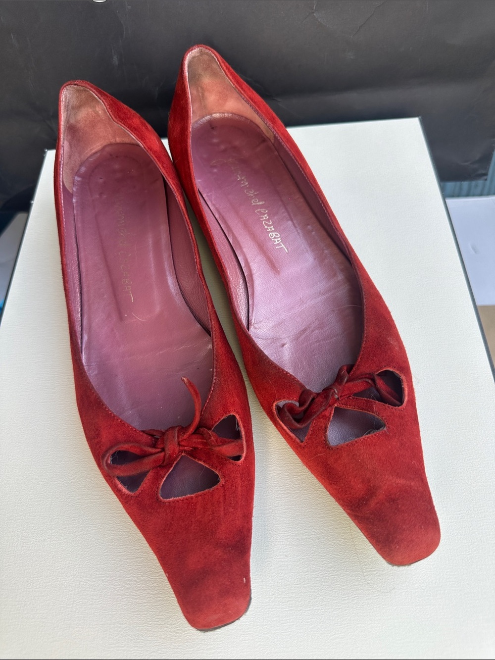 Jean - Michael Cazabat  Red Suede Pointed Ballet Flats with Bow Cutouts